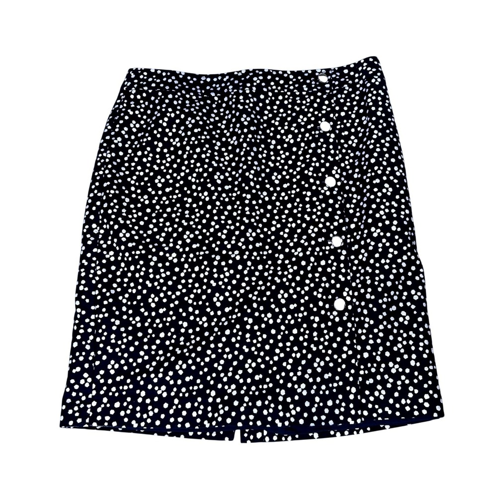 Talbots Navy Blue Polka Dot A-Line Skirt Size 14 Cotton Blend Button Detail